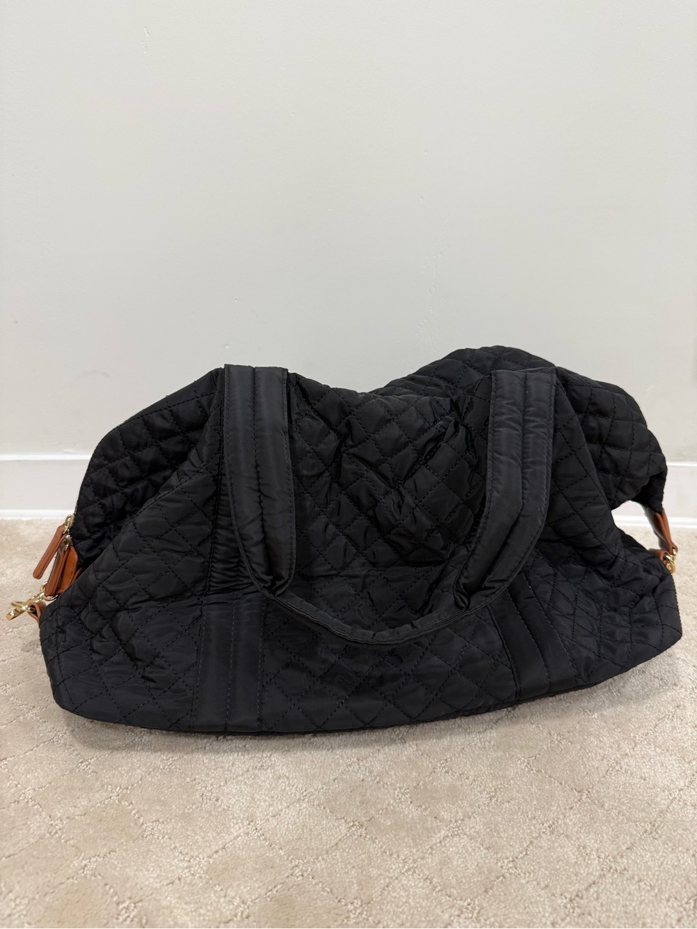 Urban Expressions Quilted Black Travel Tote with Brown Trim